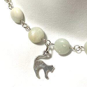 Genuine Pale Green Serpentine Necklace, Cute Slim Cat Pendant + Gemstone